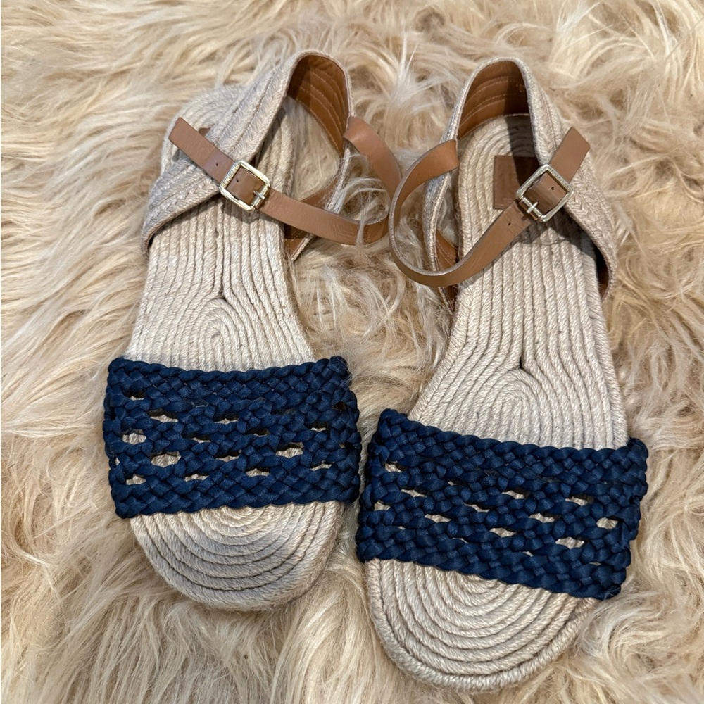 Tory Burch Navy and Tan Espadrille Sandals